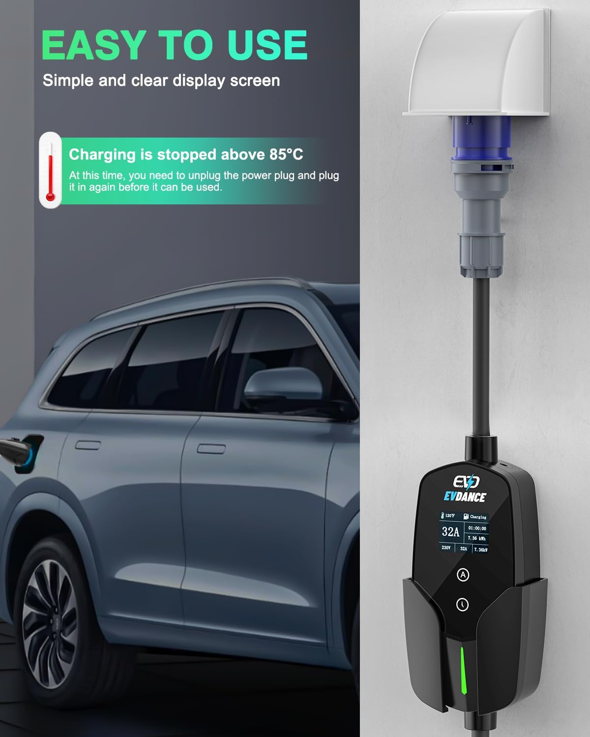 EVDANCE 32A Тип 2 EV зарядное  – обзор и цена Portable Ev Charger 32A Type 2 Cee Plug