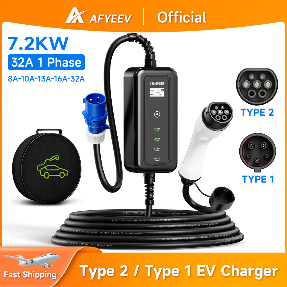 AFYEEV портативное зарядное ус – обзор и цена Portable Ev Charger 32A Type 2 Cee Plug